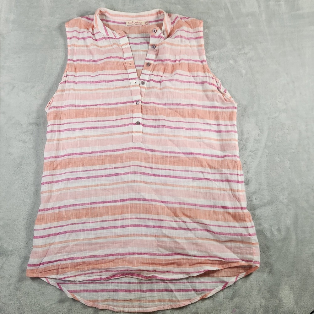 Fresh Produce Sleeveless Top Women M/L ‎ Button Pink Stripe Tank Coastal Cottage